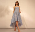 Strapless Floral Embroidered High Low Midi Dress In Blue Cloud