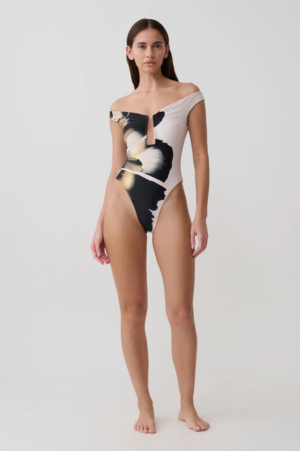 Yumi U-Wire Plunge One Piece Swimsuit - Ivory Base Floral Print