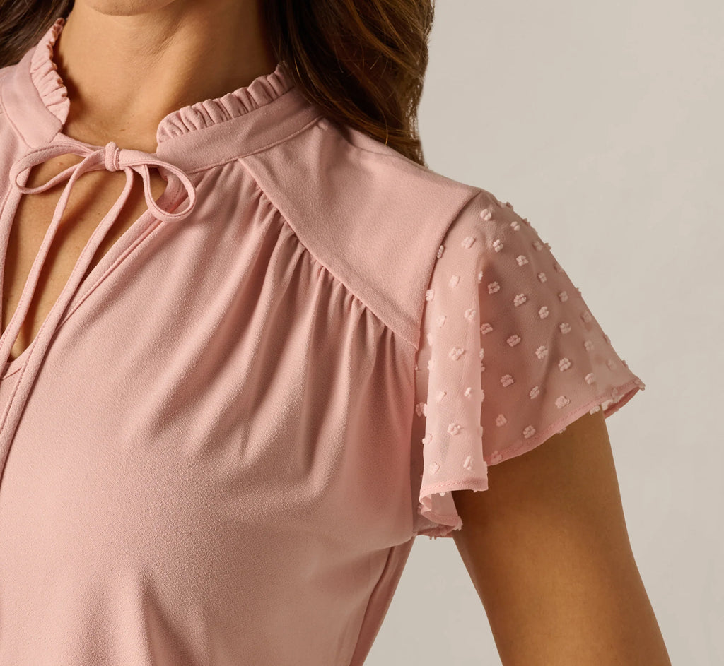 Flutter Sleeve Tie Collar Yoke Top In Rose Dust