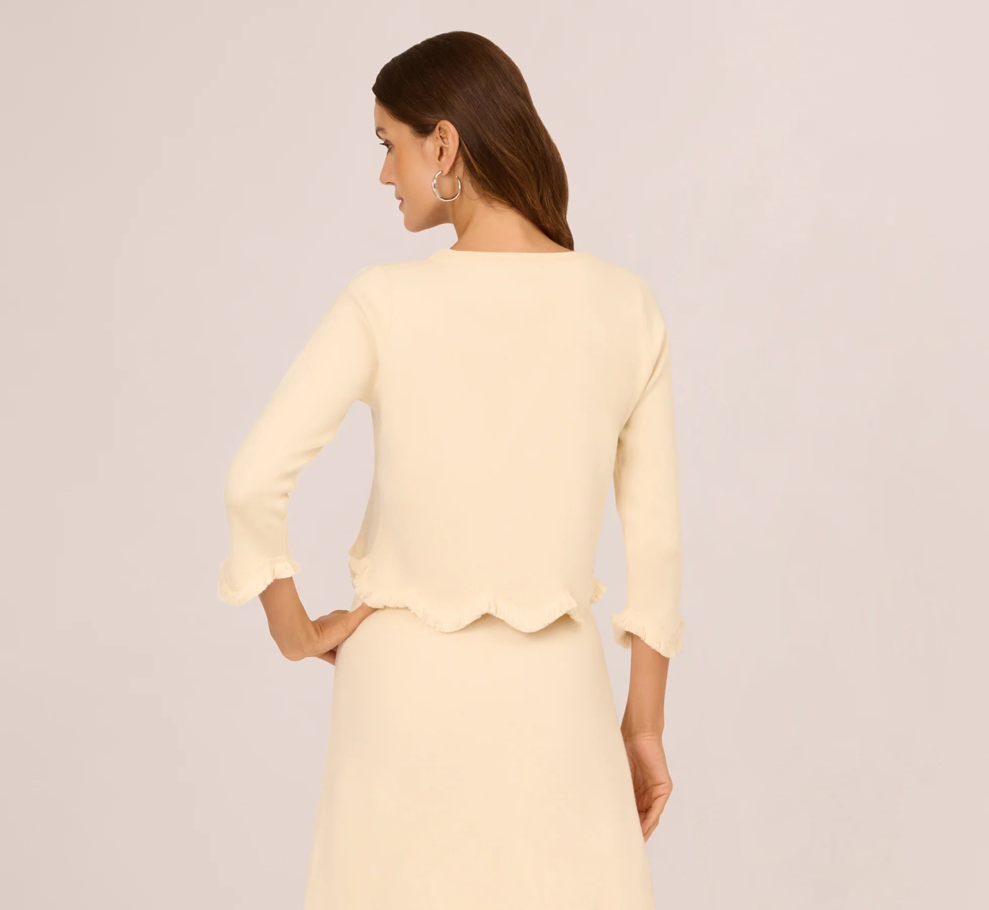 Three Quarter Sleeve Scallop Fringe Sweater In Cream