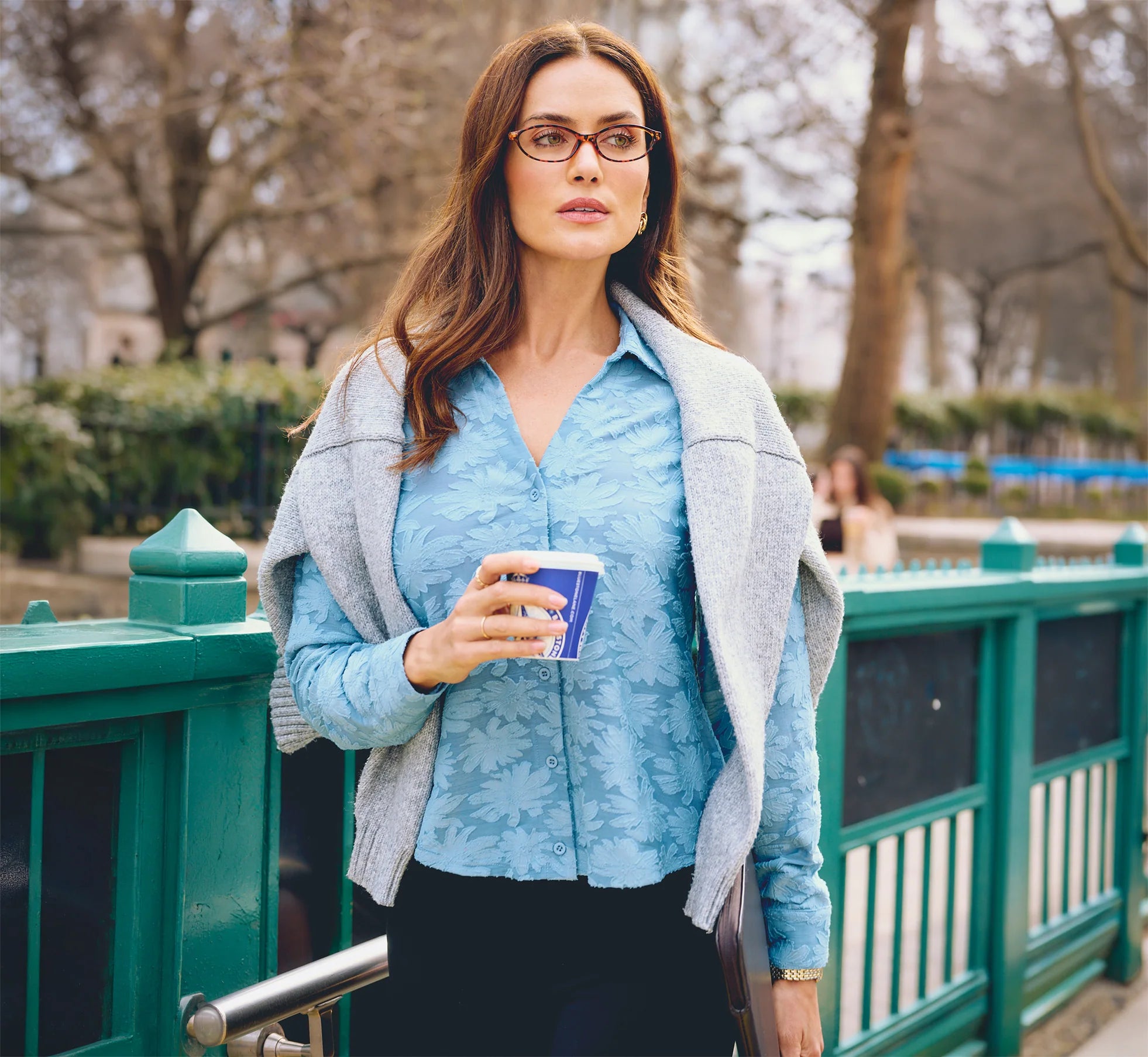 Long Sleeve Semisheer Burnout Floral Blouse In Stone Blue