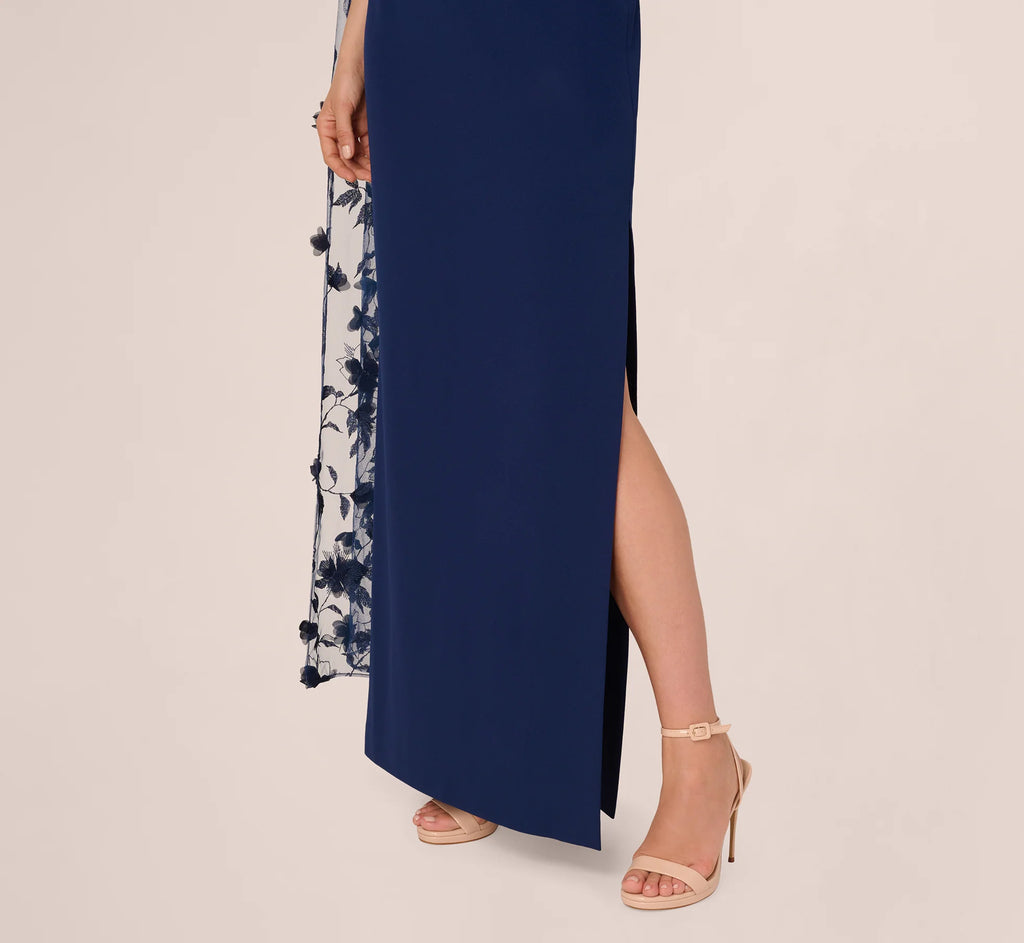One Shoulder Floral Cape Sleeve Dress In Navy Sateen