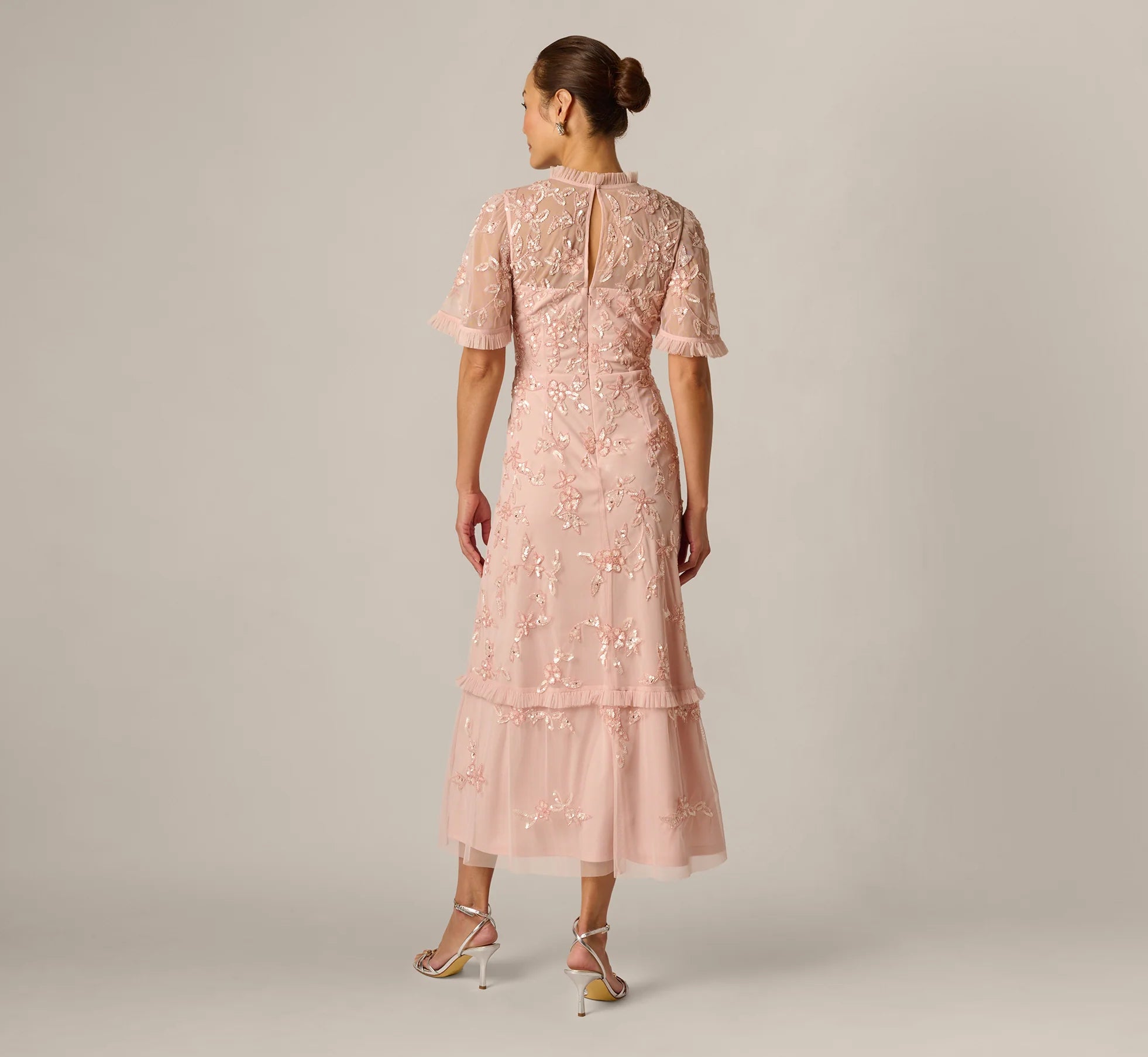 Flutter Sleeve Ruffle Floral Beaded Midi Dress In Blush Whisper