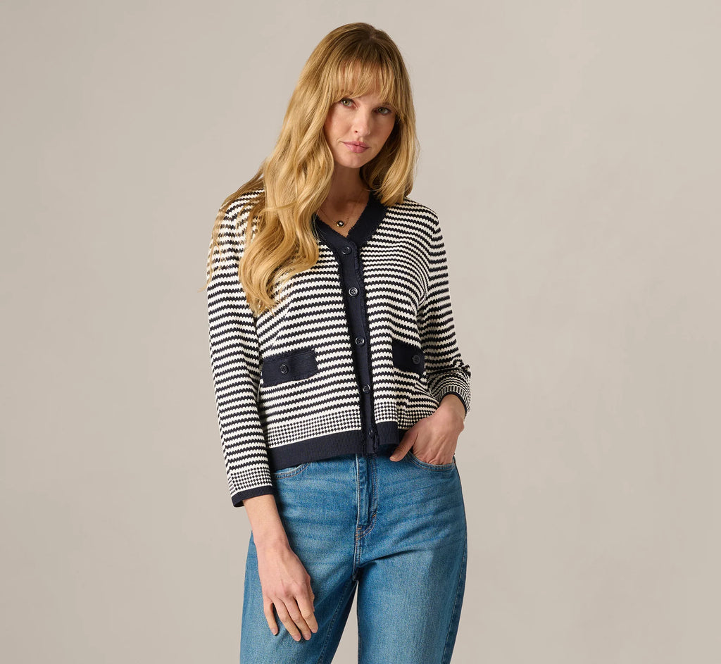 Fringe Trim Cardigan Sweater In Navy Ivory