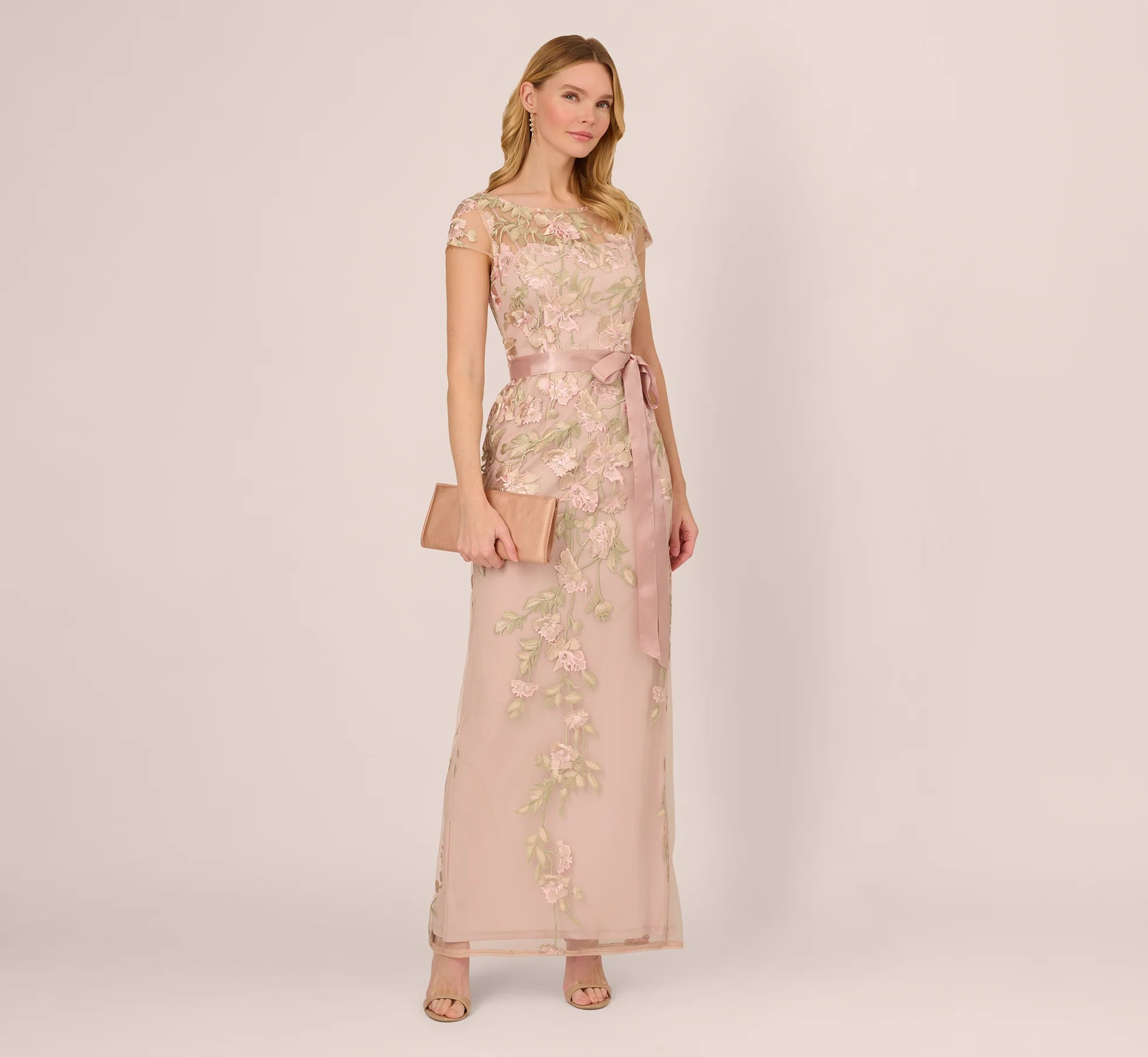 Short Sleeve Floral Embroidered Gown With Ribbon Tie Waist In Blush Nude Multi