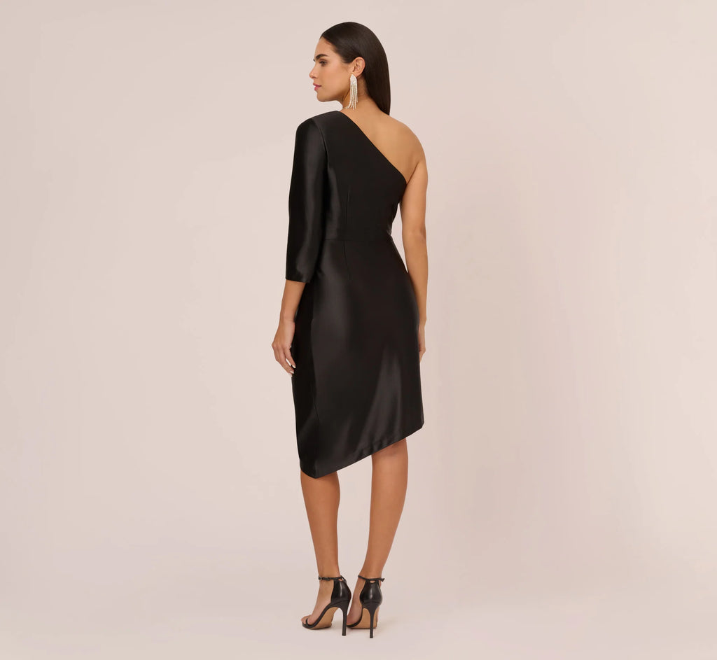 One Shoulder Satin Midi Dress With Three-Quarter Sleeve In Black