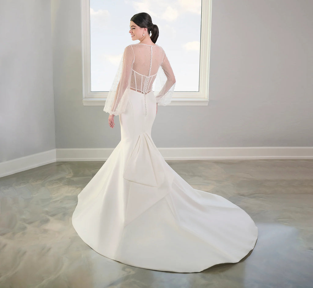Stretch Mikado Gown With Studded Pearl Jacket In Ivory