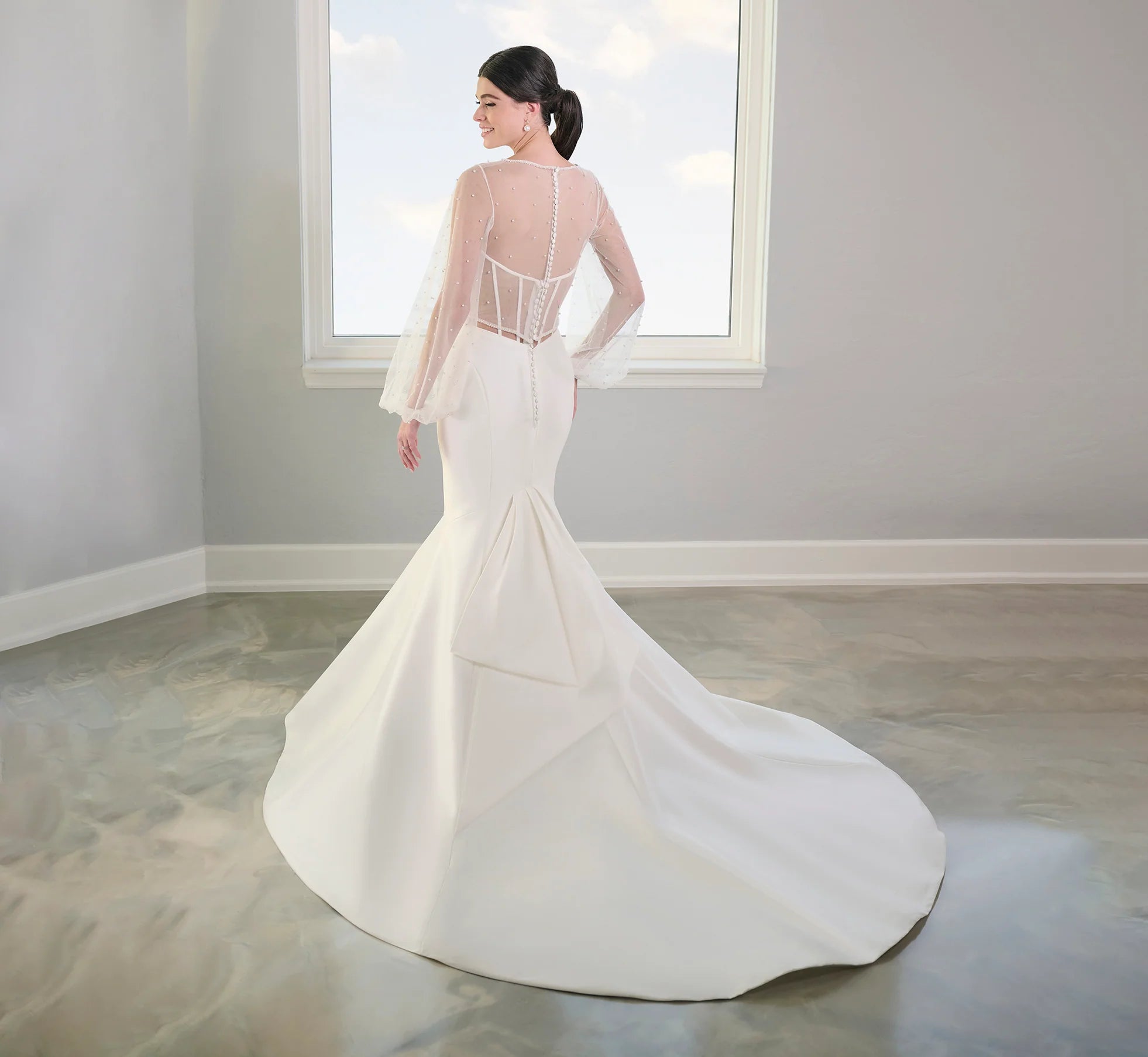 Stretch Mikado Gown With Studded Pearl Jacket In Ivory