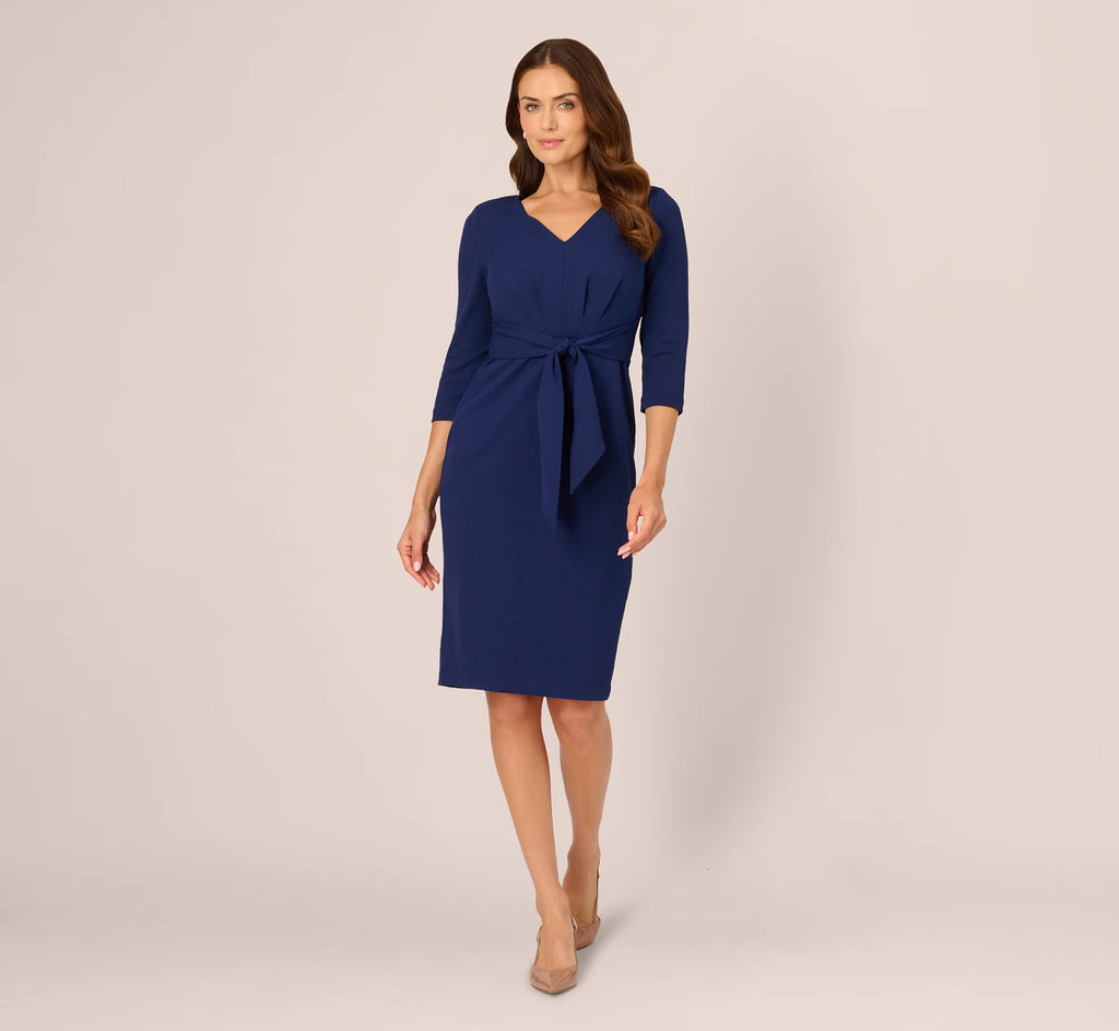 Three Quarter Sleeve Pleated Midi Dress With Tie Waist In Navy Sateen