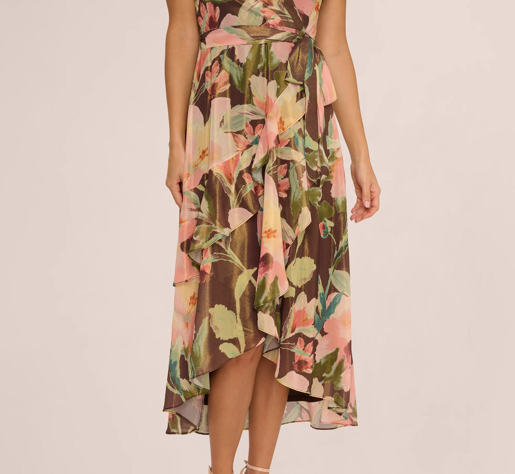 Flutter Sleeve High Low Midi Wrap Dress In Brown Multi
