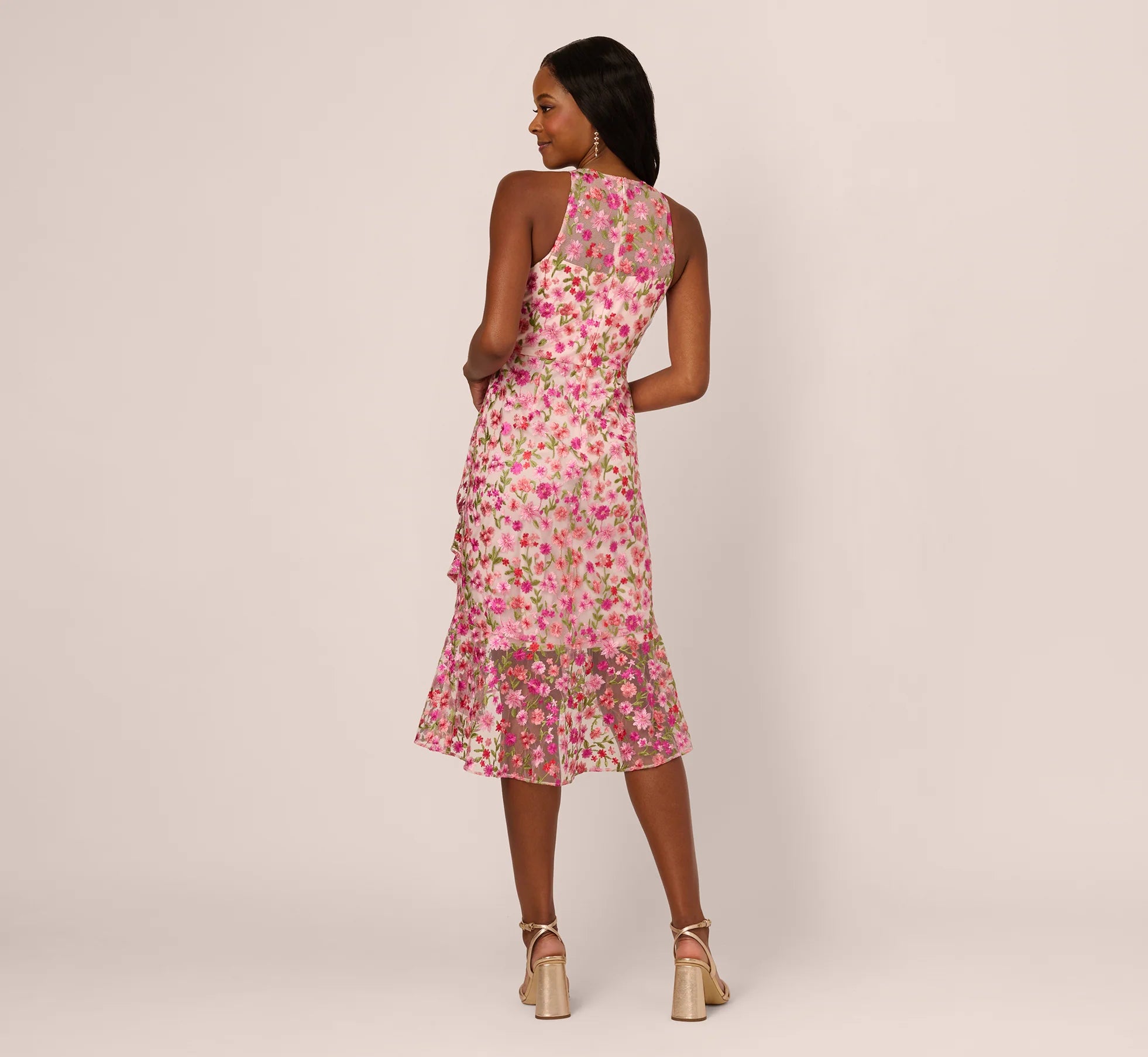 Floral Embroidered Flounce Halter Dress In Pink Multi