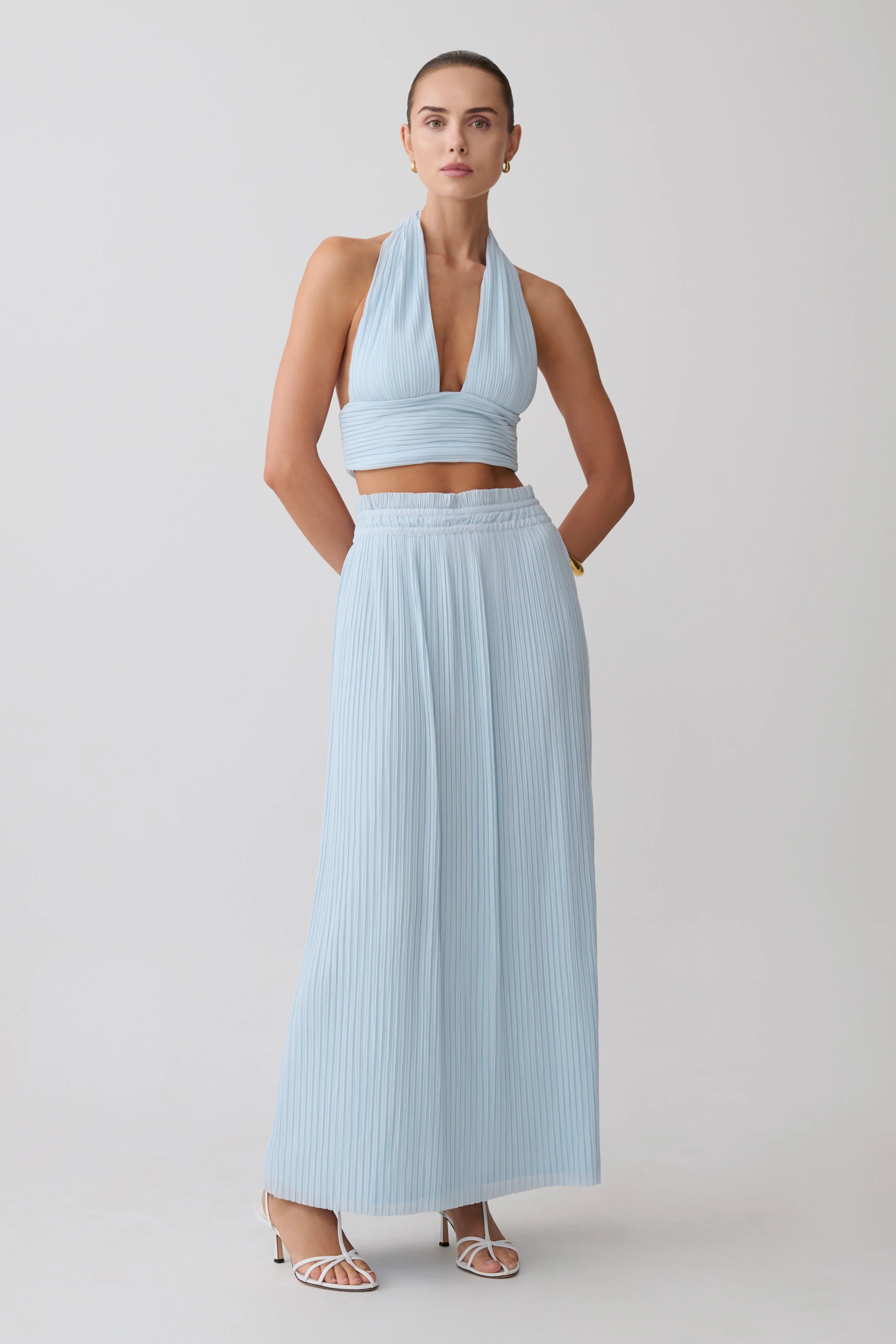 Amaris Sleeveless Plisse Halter Top - Pale Blue