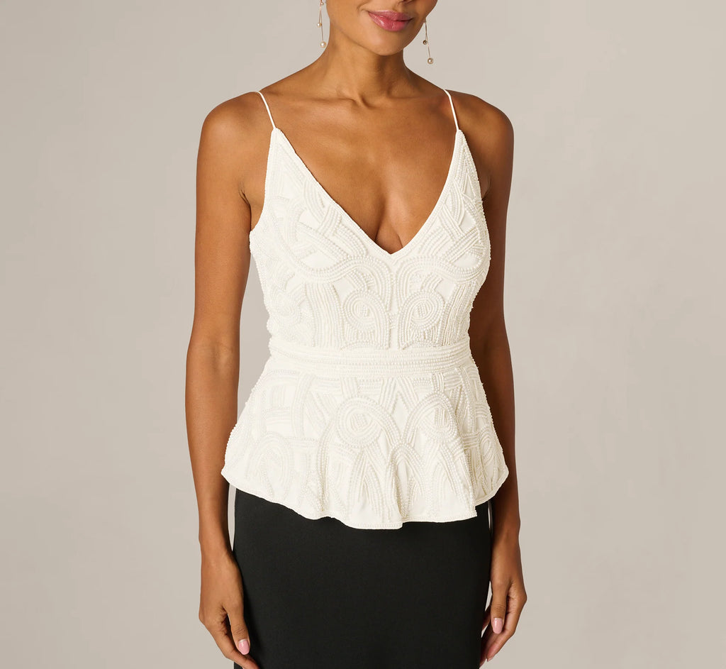 Pearly Beaded Peplum Combo Gown In Black Ivory