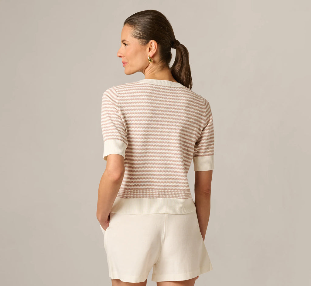 Short Sleeve Metallic Button Cardigan Sweater In Ivory Sand Dune