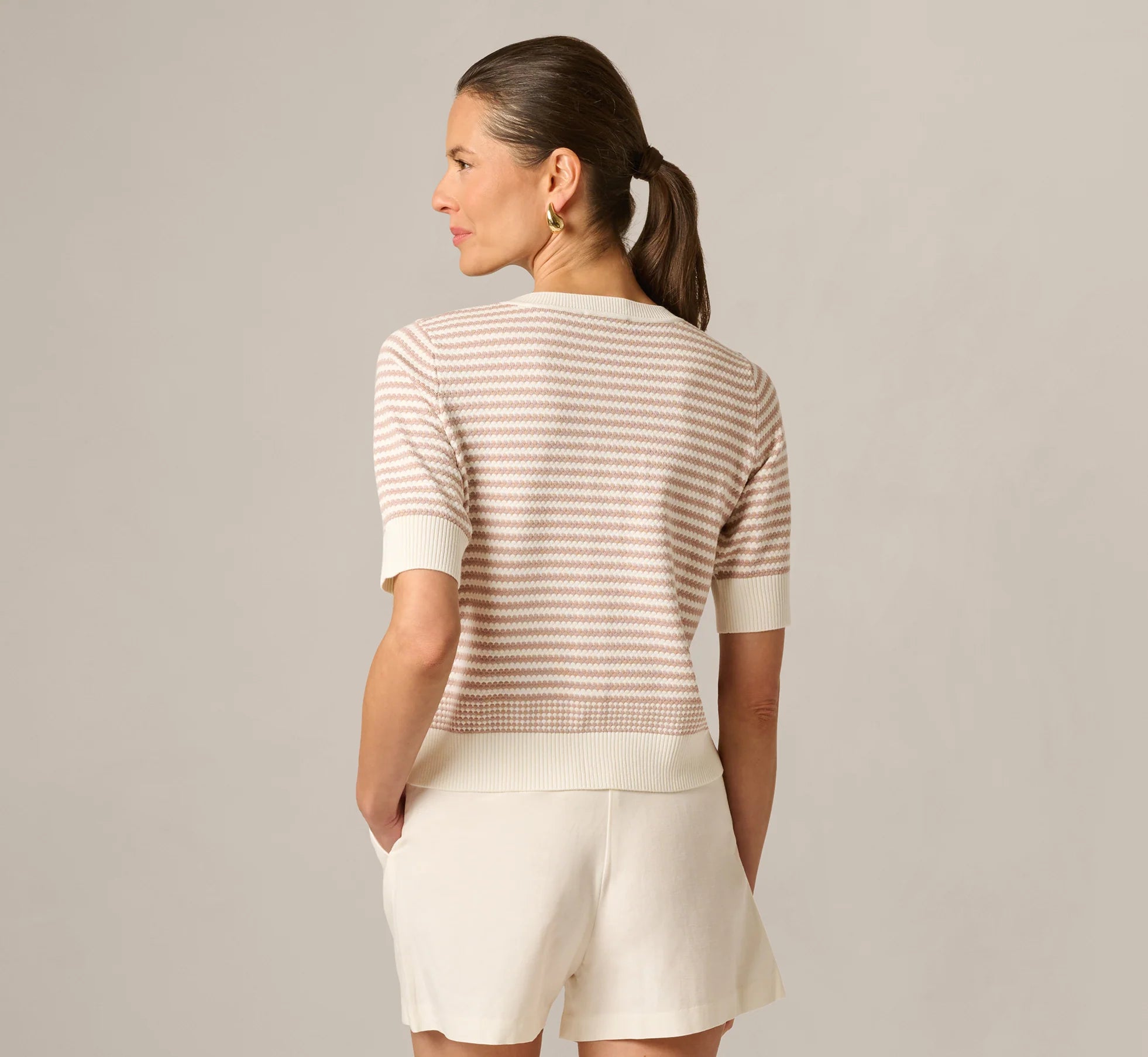 Short Sleeve Metallic Button Cardigan Sweater In Ivory Sand Dune