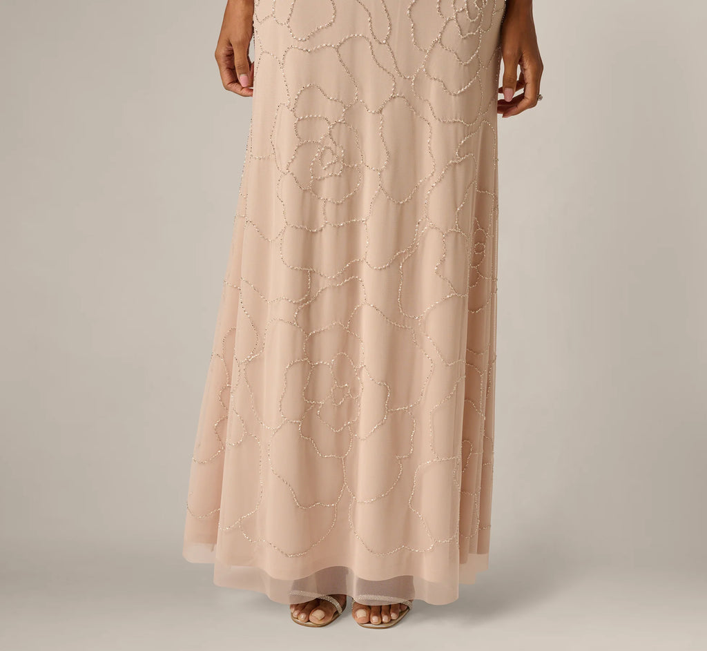 Short Sleeve Blouson Rose Floral Beaded Gown In Shell