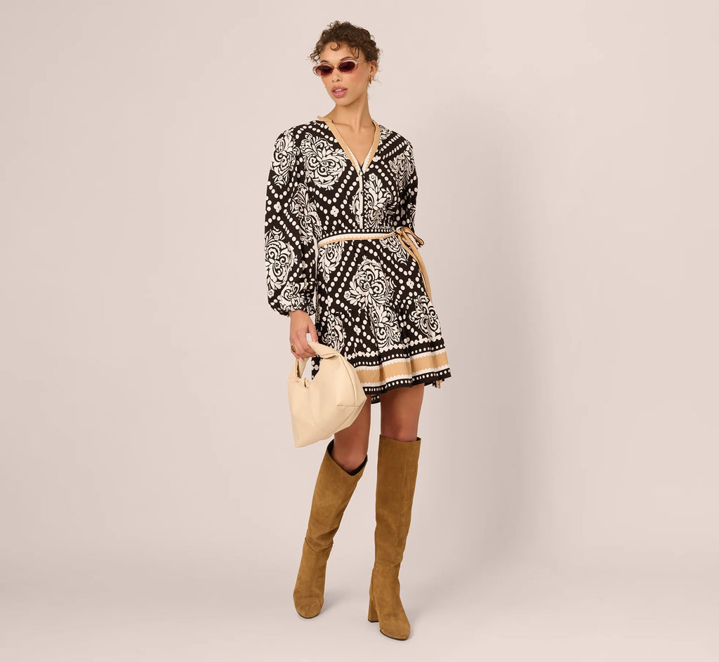 Bishop Sleeve Medallion Printed Short Dress In Black Ivory