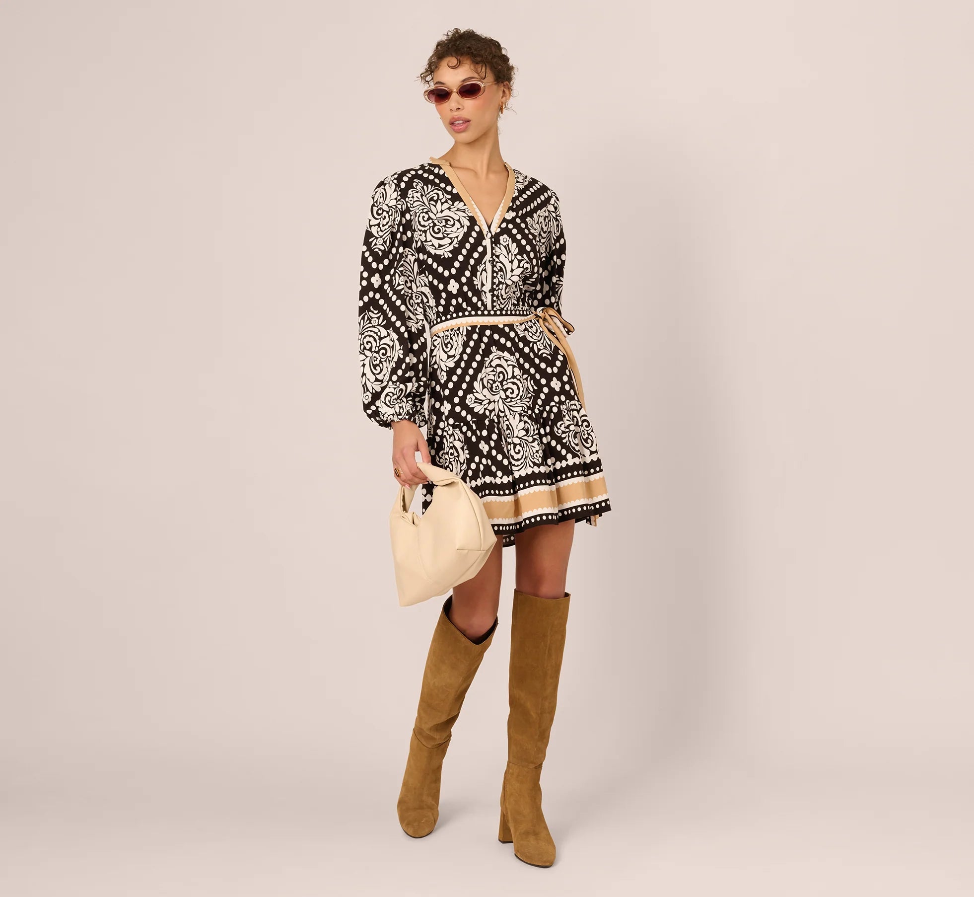Bishop Sleeve Medallion Printed Short Dress In Black Ivory