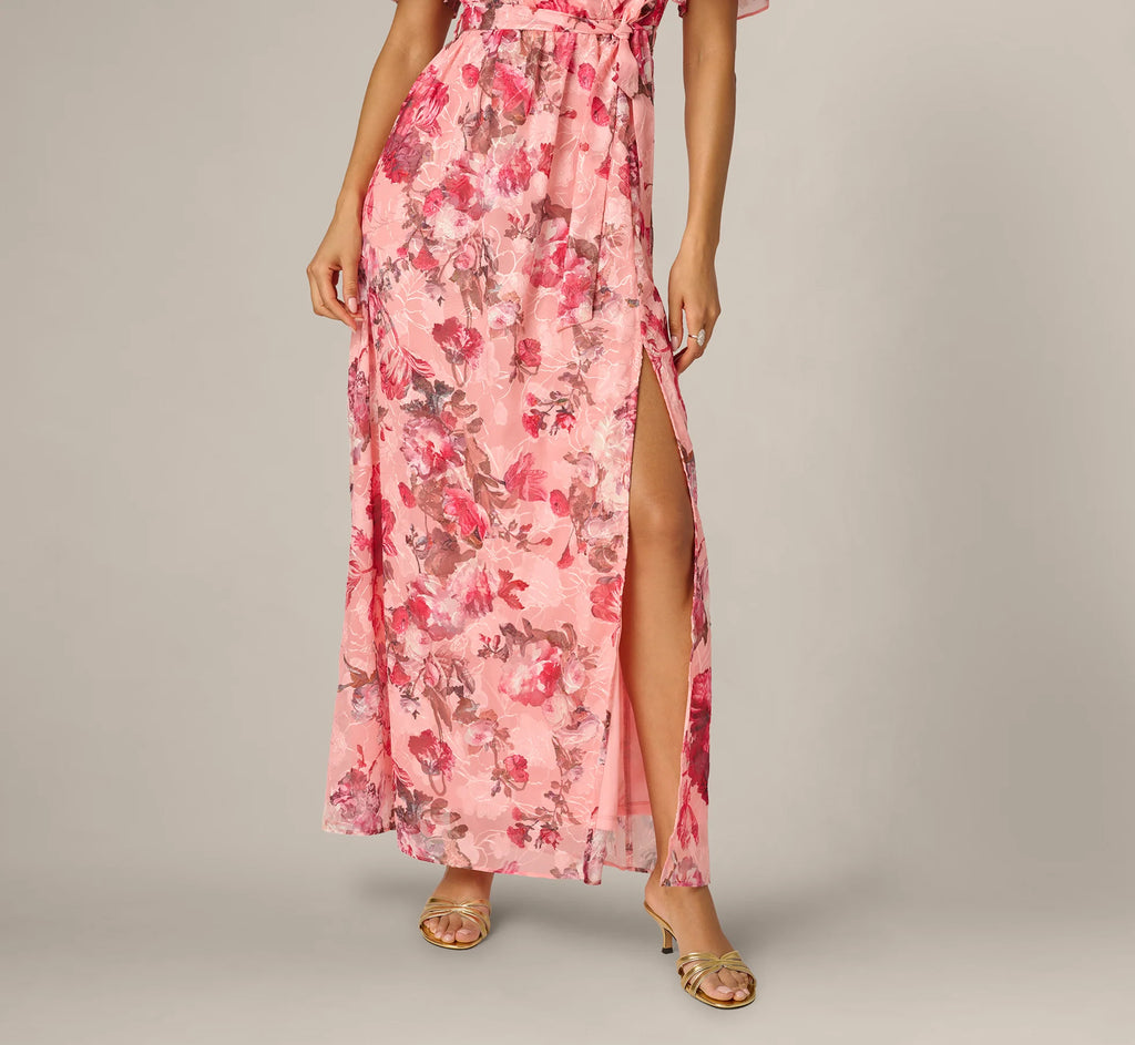 Flutter Sleeve Floral Print Embroidered Wrap Maxi Dress In Blush Multi