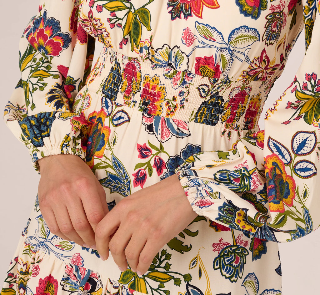 Floral Print Dress With Long Bishop Sleeves In Ecru Multi