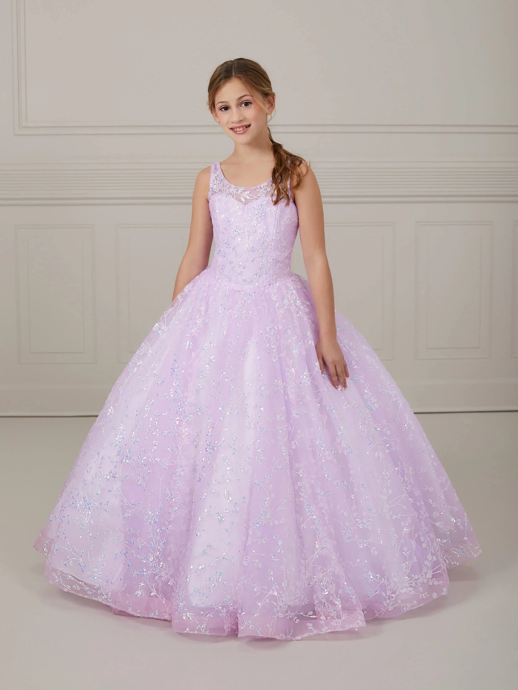 Glitter Floral Tulle Scoop Neck A-Line Gown