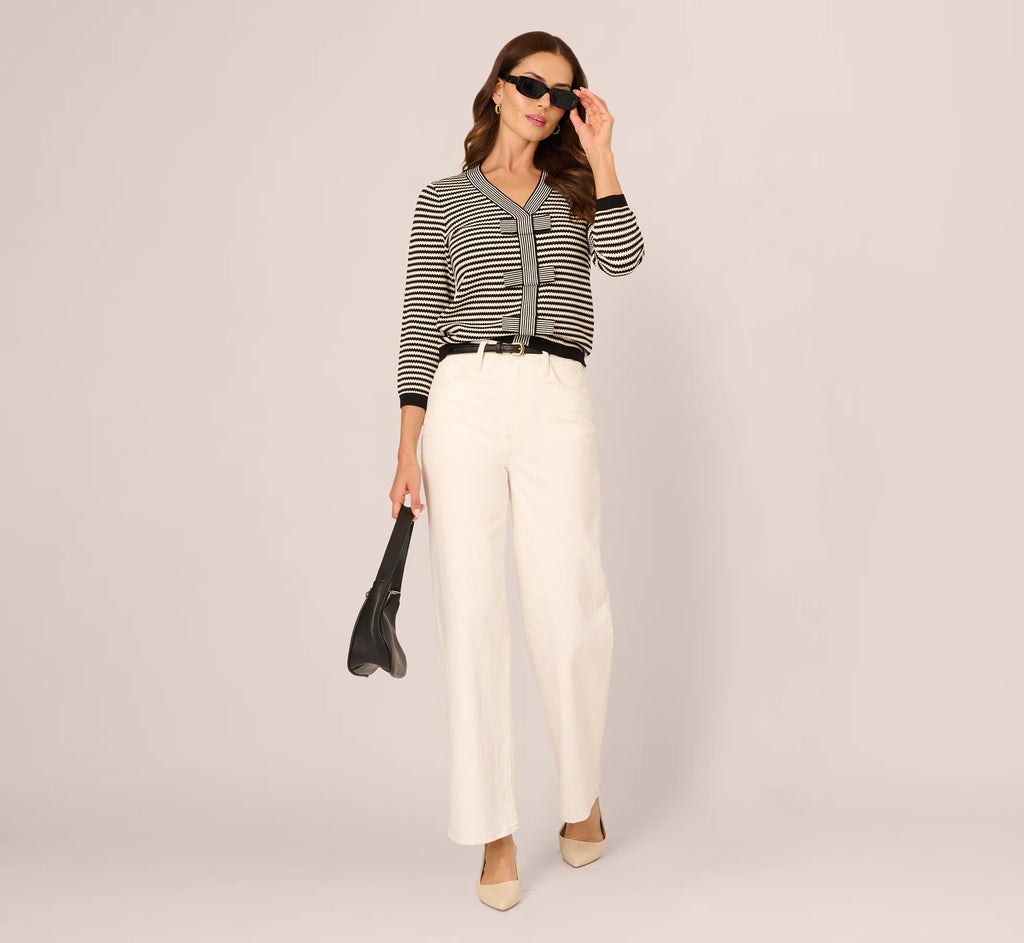 Three Quarter Sleeve Bow Pullover Sweater In Cream Black