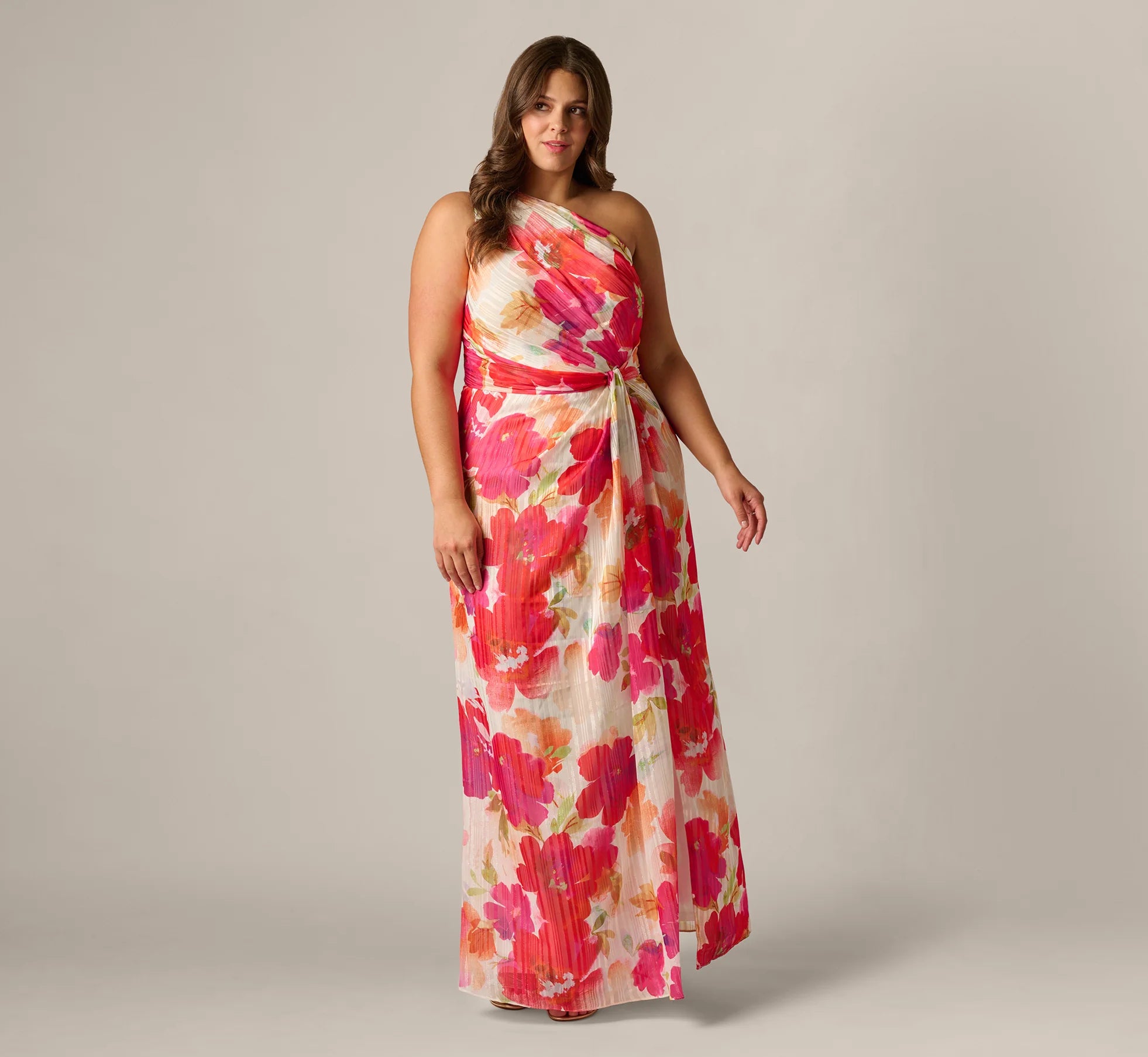 Plus Size One Shoulder Watercolor Floral Stripe Gown In Ivory Pink Multi