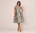 Tea Length Jacquard Dress With Sleeveless Bodic In Slate