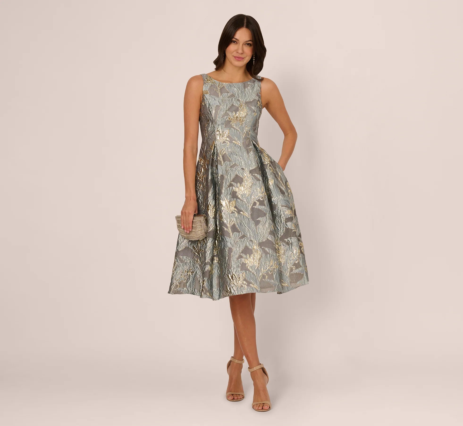 Tea Length Jacquard Dress With Sleeveless Bodic In Slate