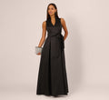 Sleeveless Queen Anne Tie Front Ballgown In Black