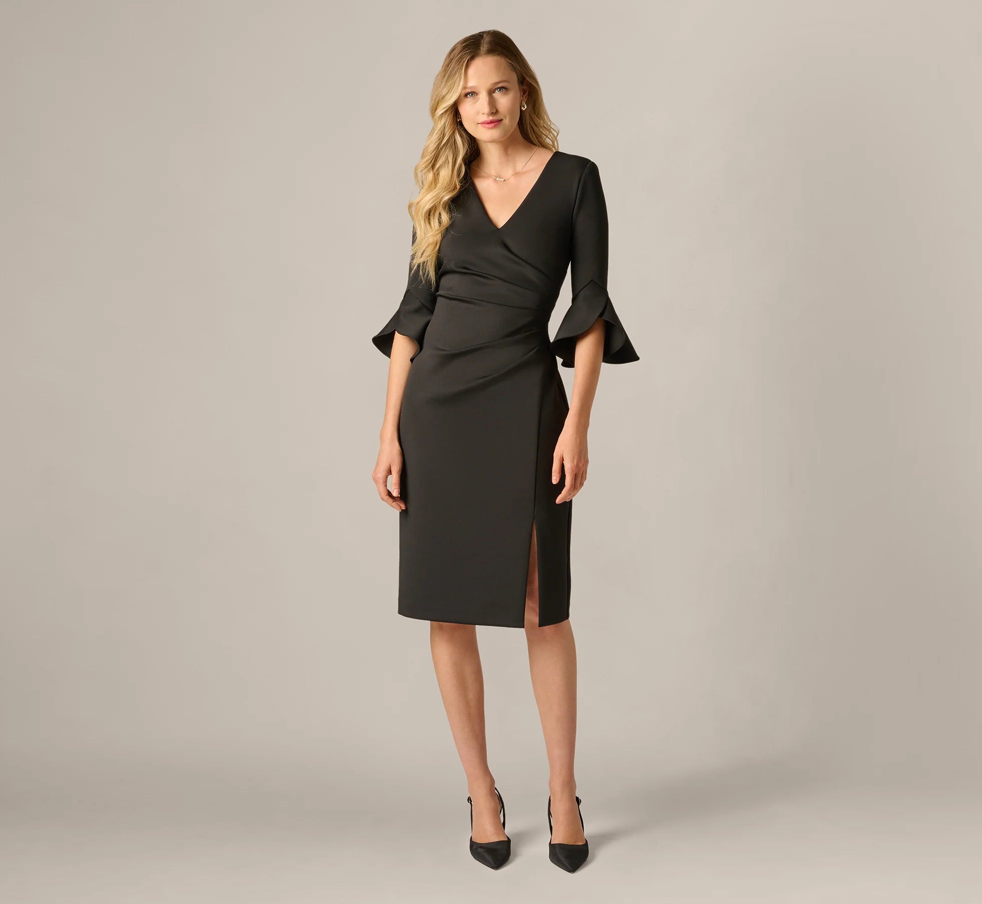 Three Quarter Sleeve Faux Wrap Midi Dress In Black
