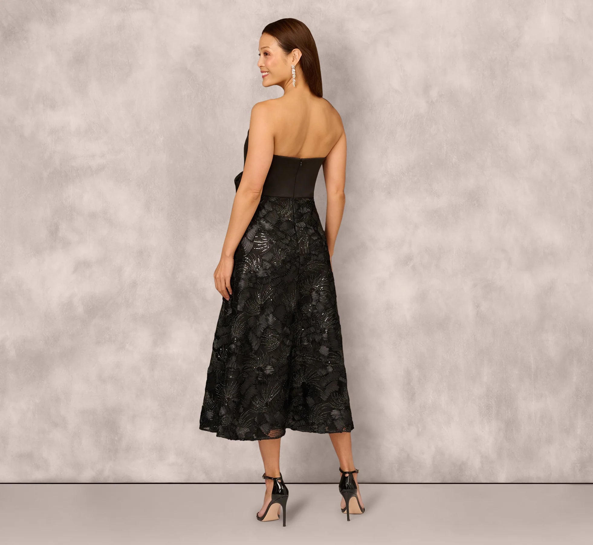 Strapless Satin Beaded Midi Gown In Black