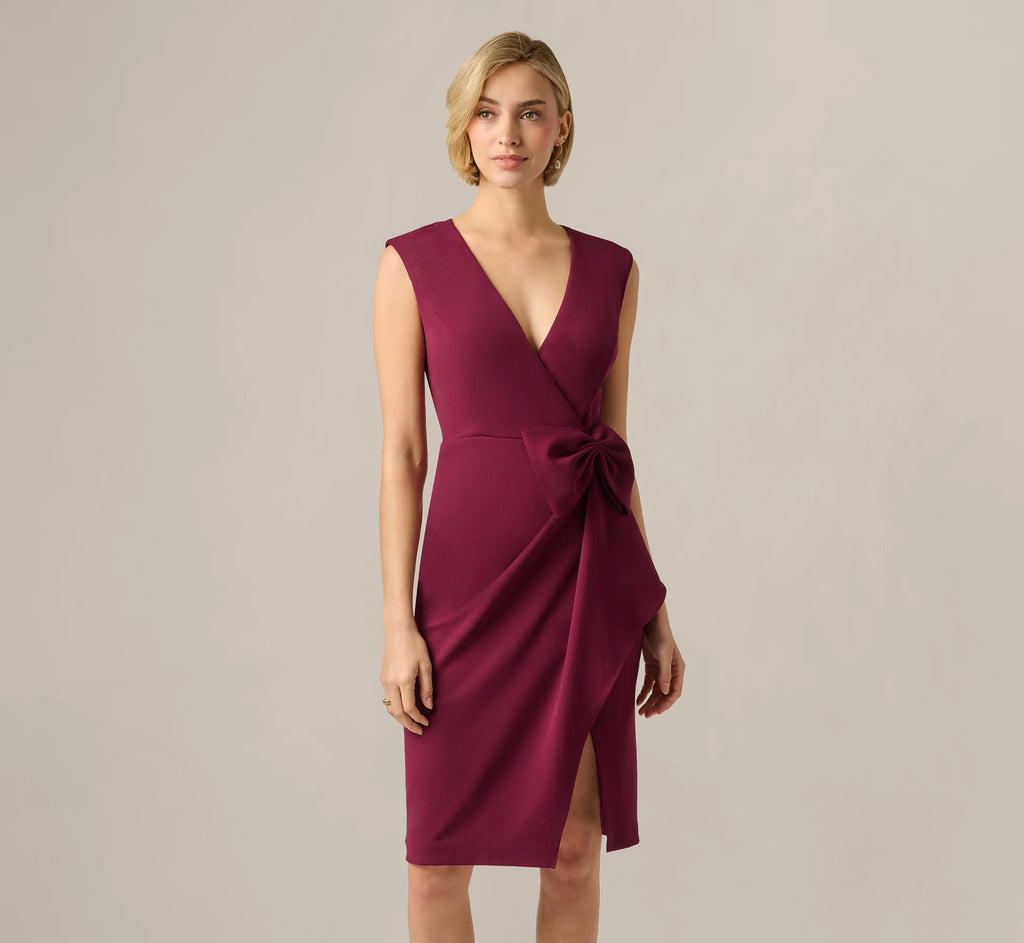 Bow Accent Stretch Wrap Dress In Cabernet