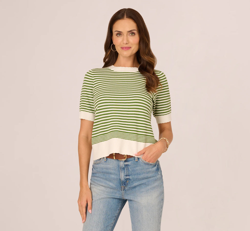 Short Sleeve Scalloped Stripe Pullover Sweater In Ivory Foliage