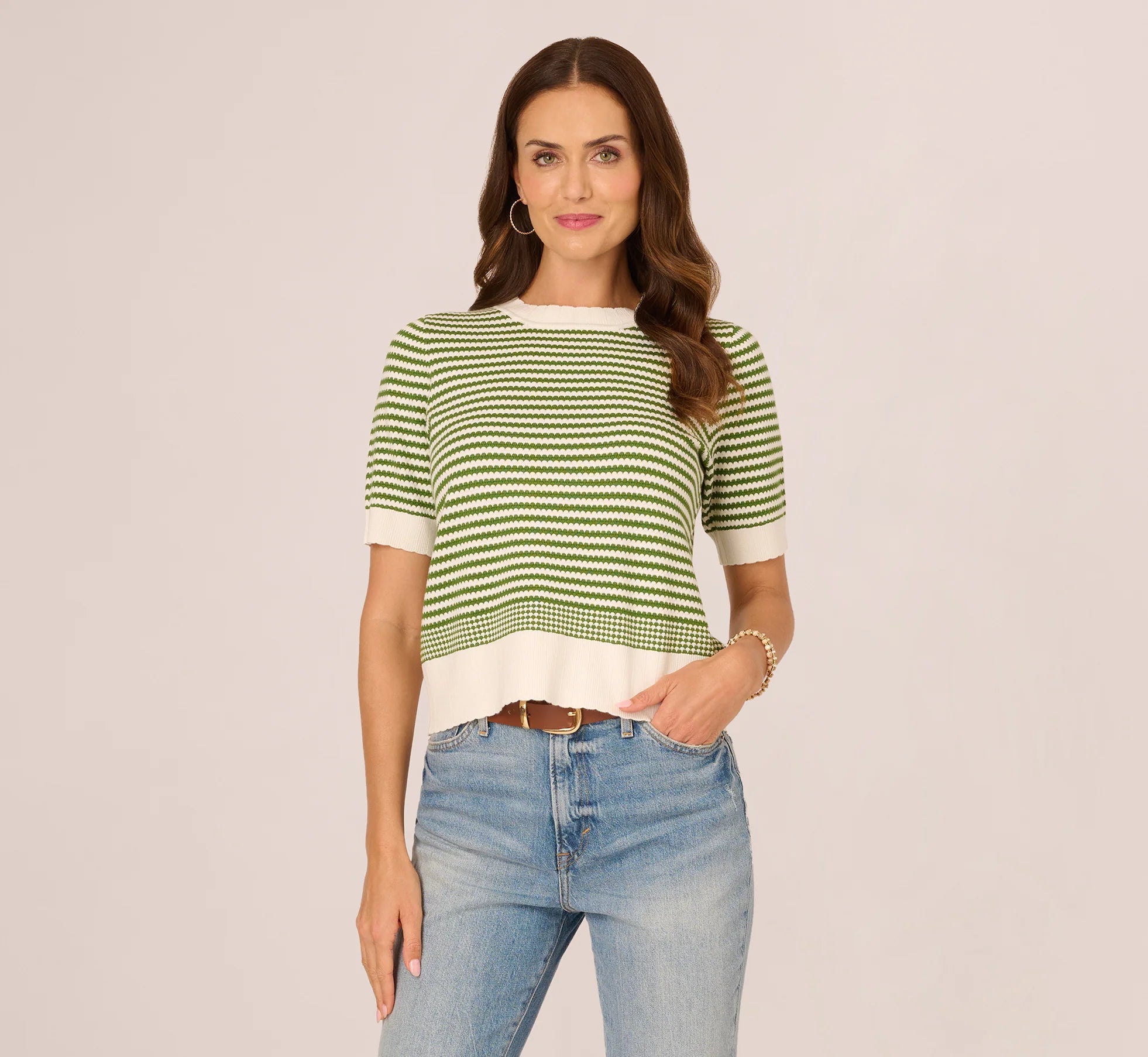 Short Sleeve Scalloped Stripe Pullover Sweater In Ivory Foliage