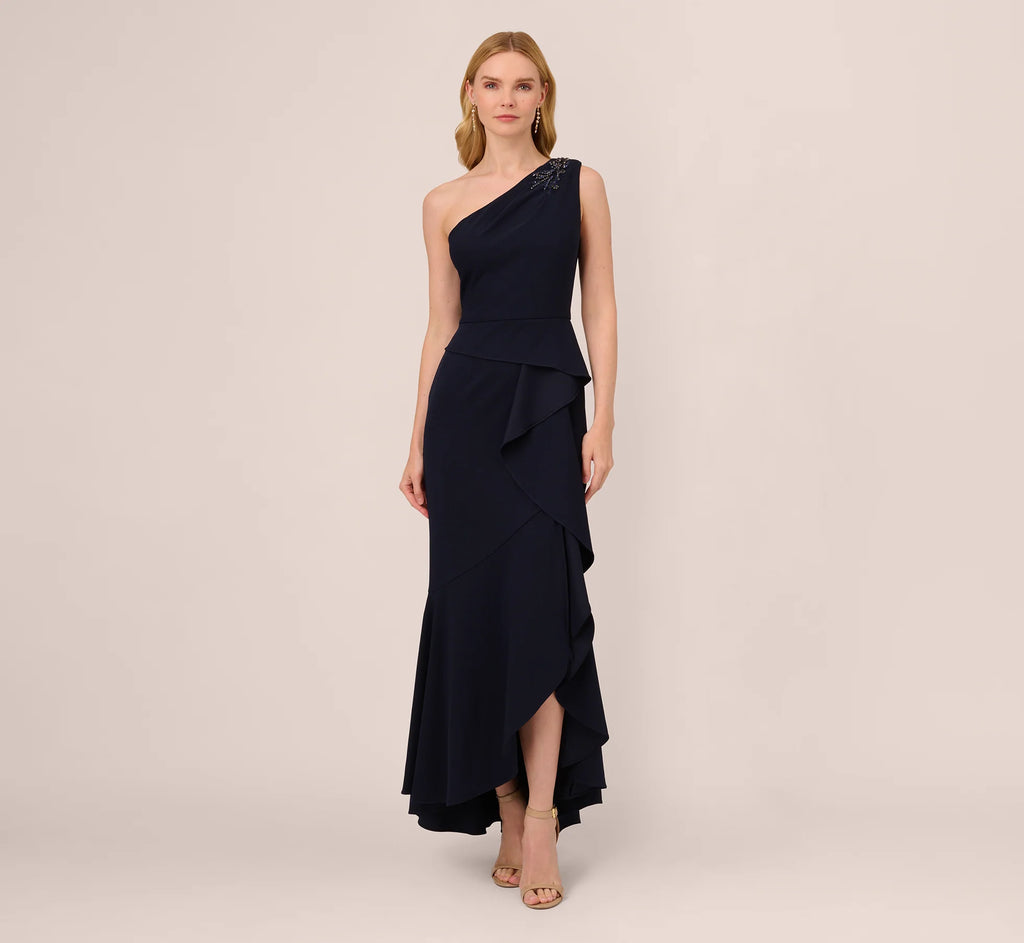 One Shoulder Ruffled Crepe Gown With Beaded Accent In Midnight