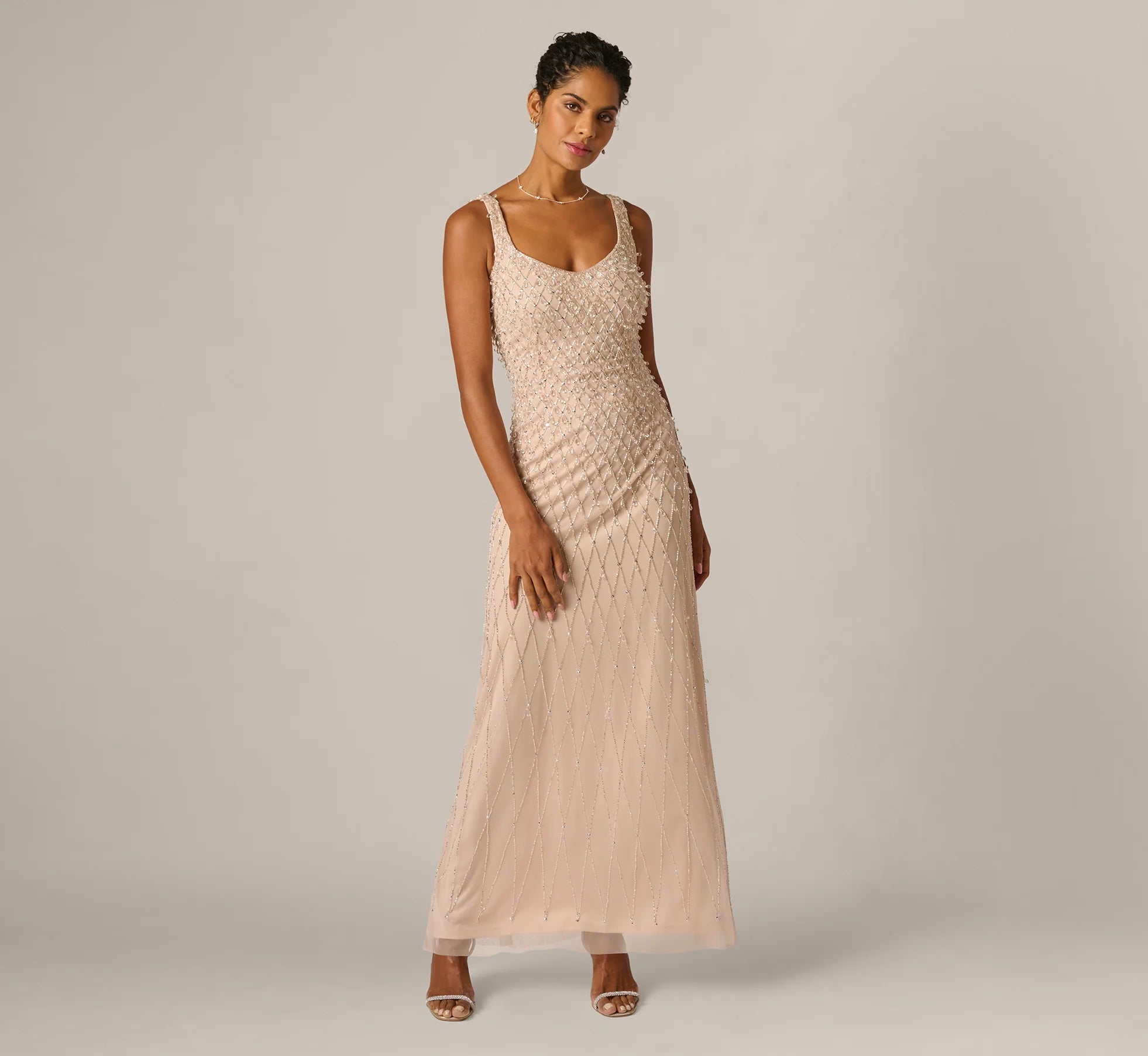 Diamond Beaded Mermaid Gown In Shell