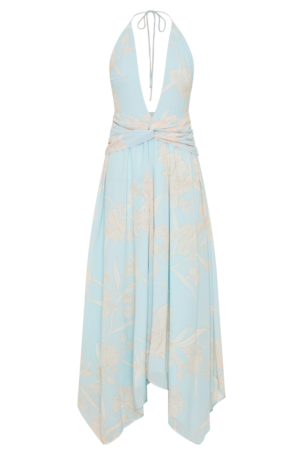 Cyra Plunge Chiffon Midi Dress - Blue Floral Print