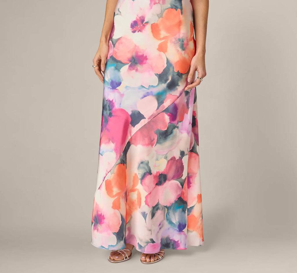 Cowl Neck 3D Floral Sateen Gown In Pink Orange Multi