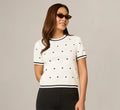 Short Sleeve Chain Patterned Knit Top In Ivory Navy Medium Simple Dot