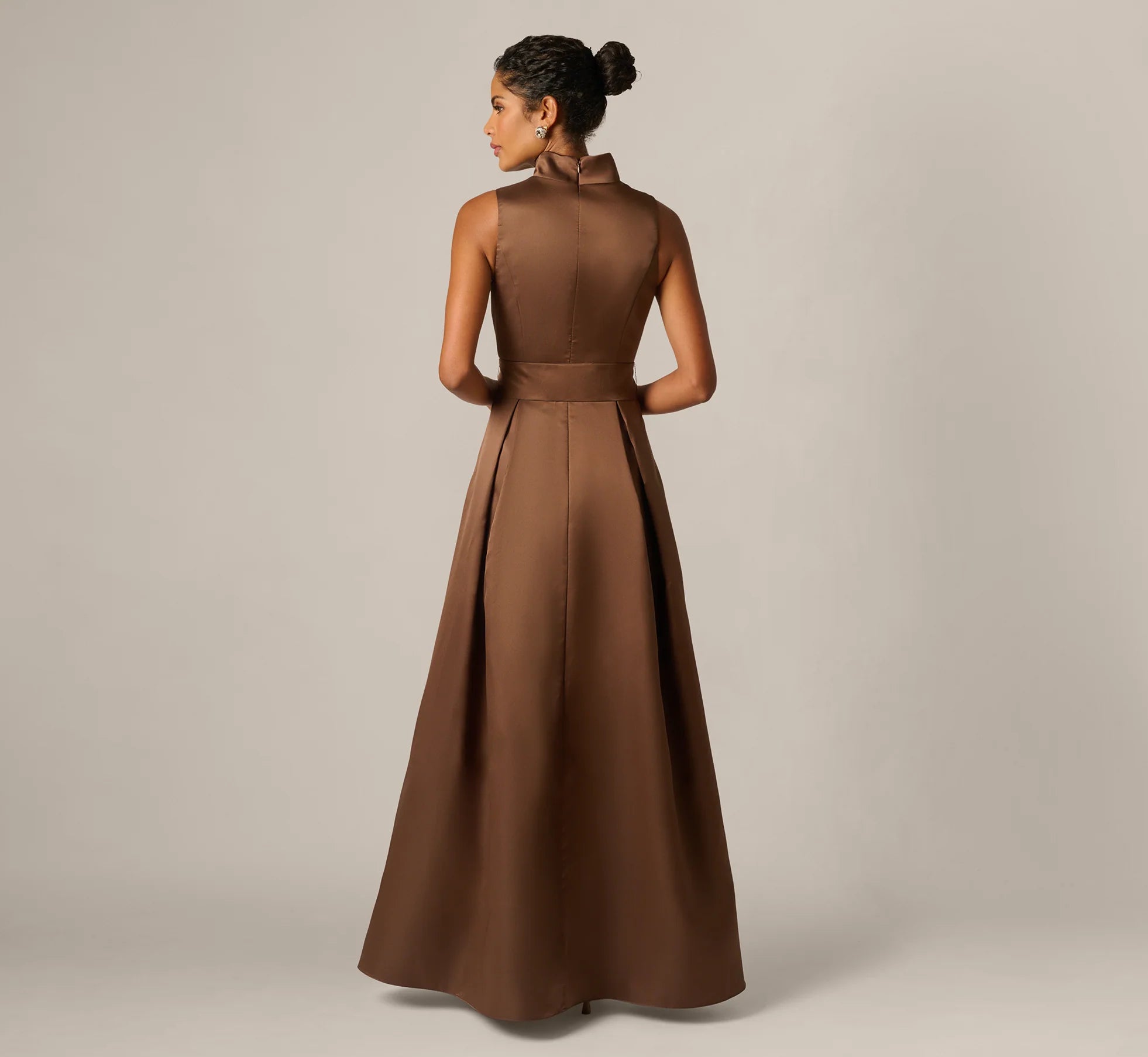 Sleeveless Queen Anne Tie Front Ballgown In Espresso