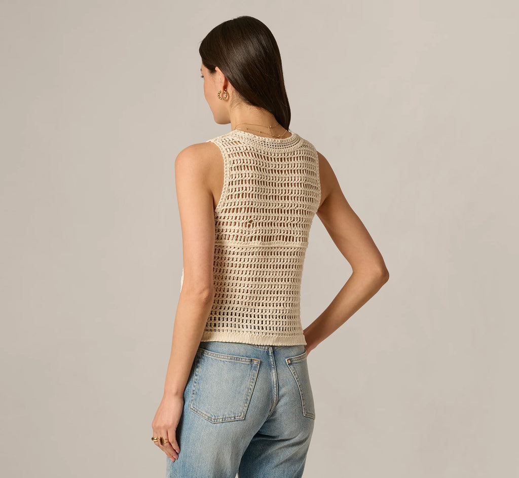 Open Knit Floral Crochet Vest In Oatmeal