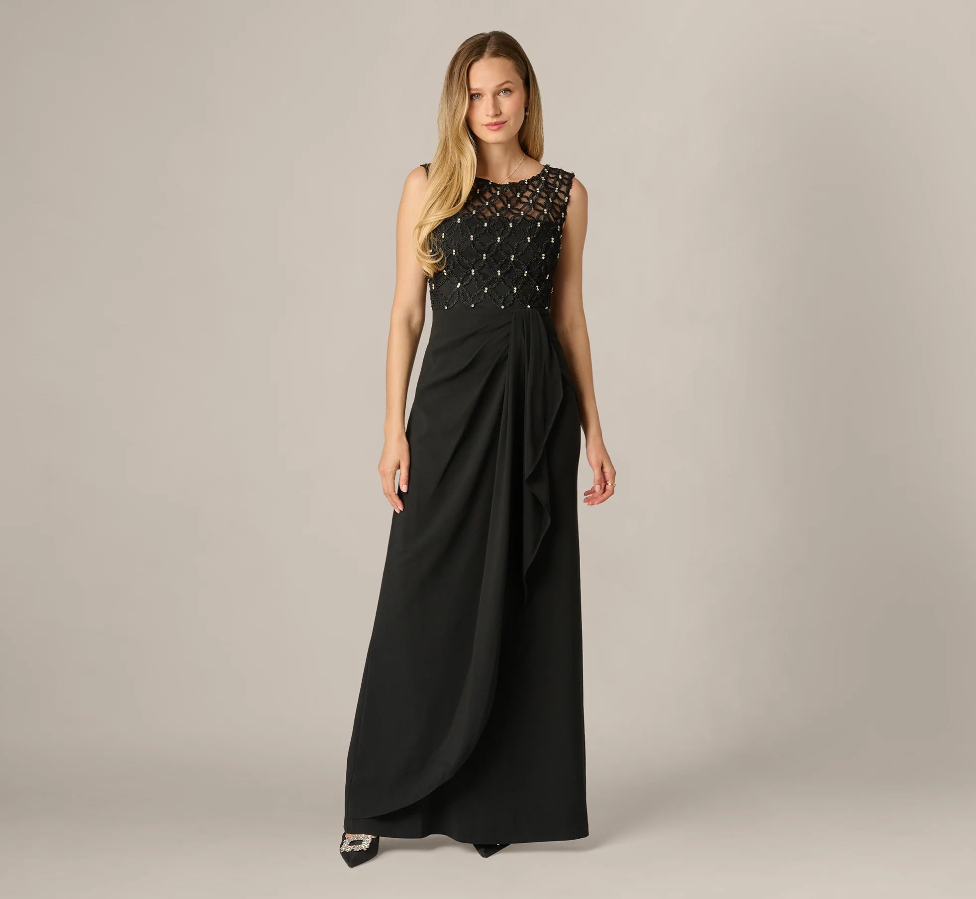 Draped Crepe Beaded Combo Gown In Black