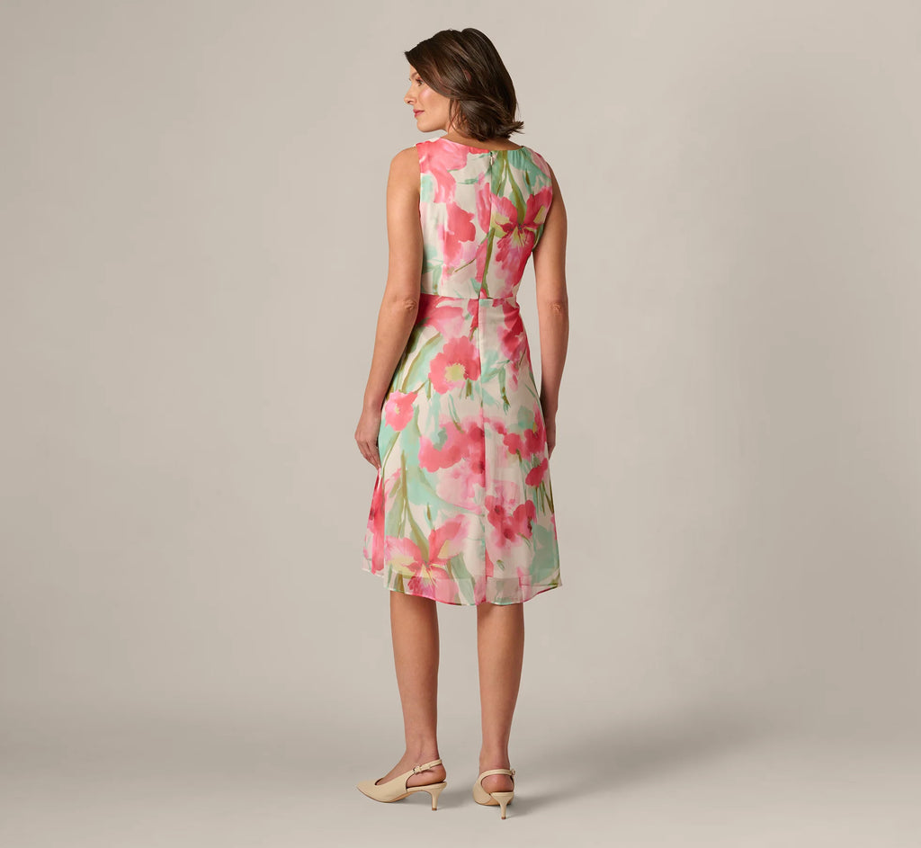 Sleeveless Draped Floral Chiffon Midi Sheath Dress In Coral Green Multi