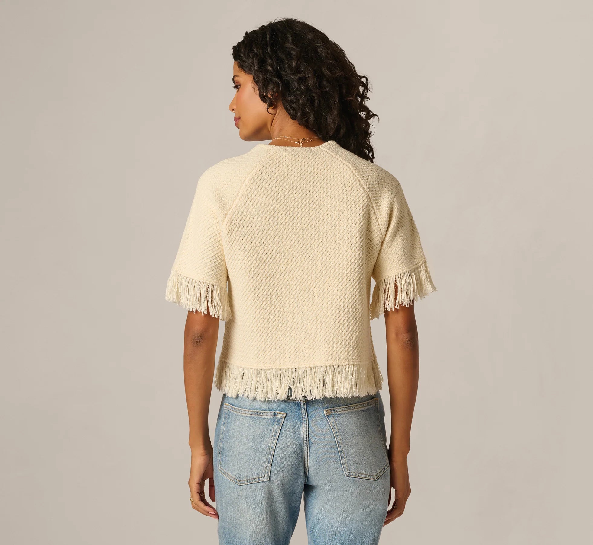 Short Sleeve Textured Knit Raglan Fringe Sweater In Cream