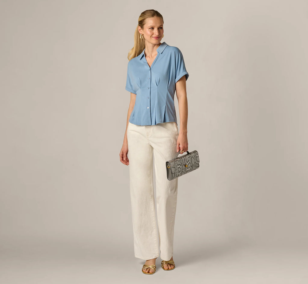 Short Sleeve Pleated Waist Blouse In Rain Washed