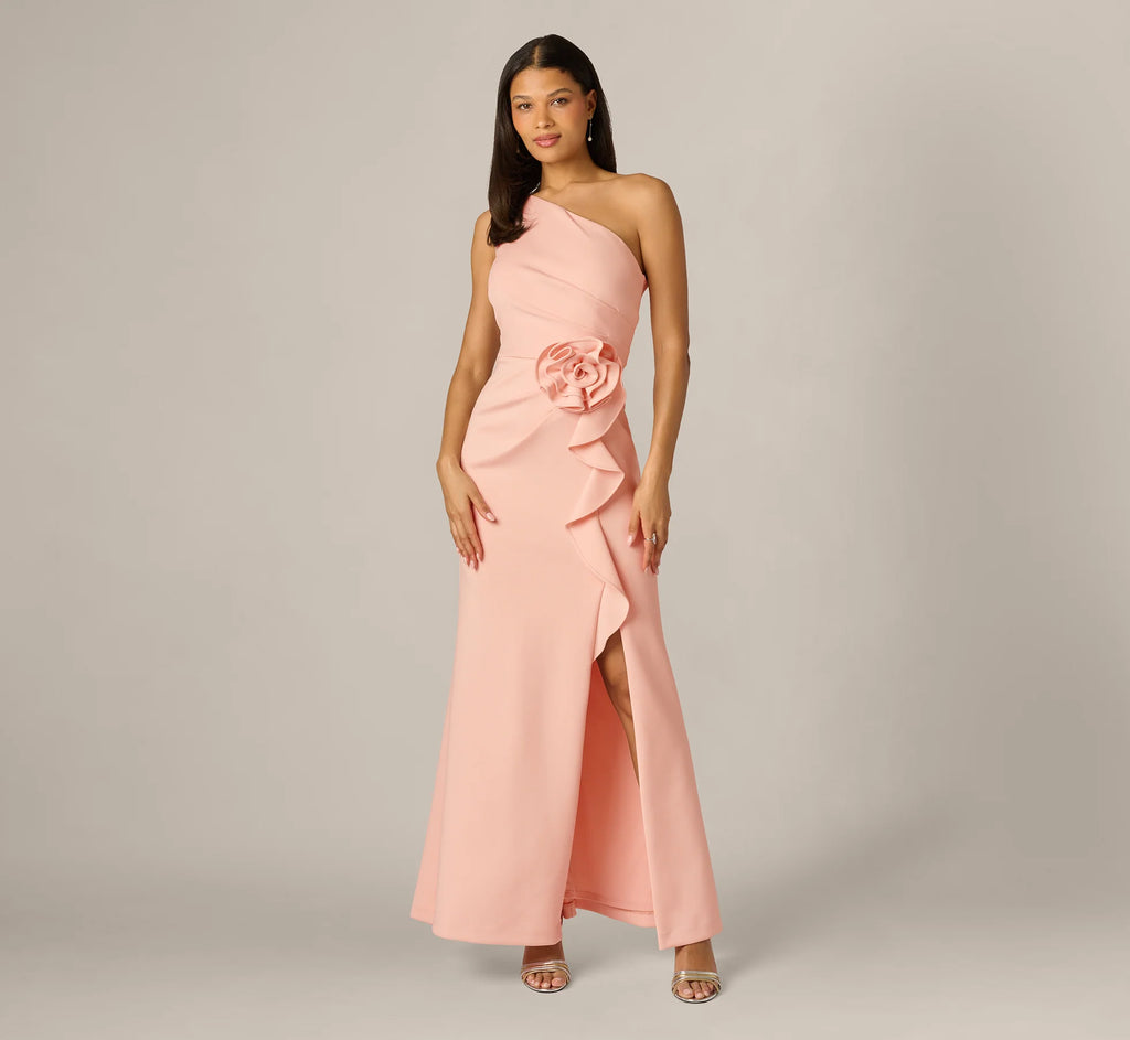One Shoulder Stretch Rosette Gown In Blush Whisper
