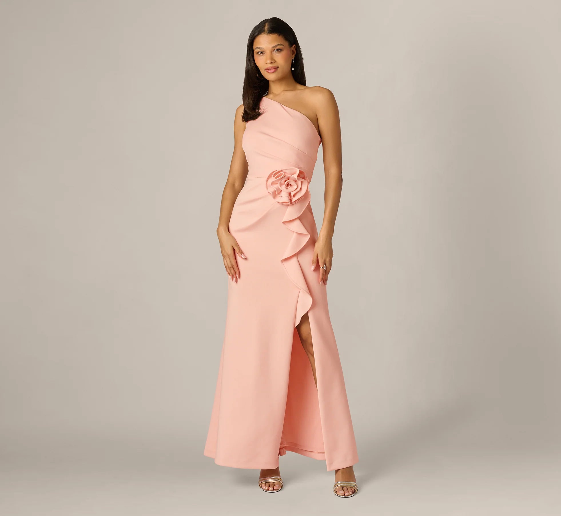 One Shoulder Stretch Rosette Gown In Blush Whisper