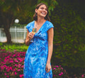 Cap Sleeve Twist Front Floral Tulle Gown In Blue Multi