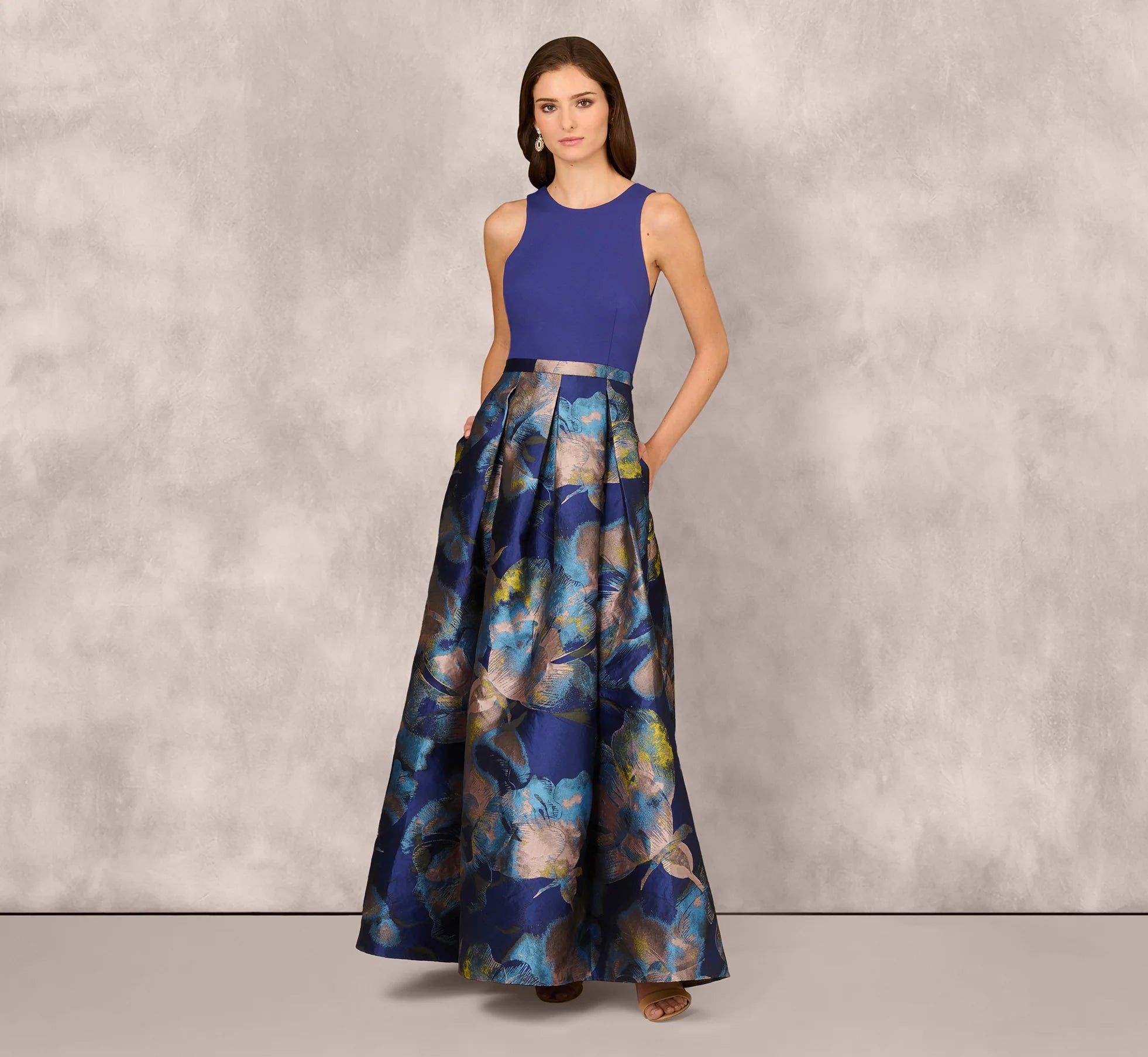 Sleeveless Floral Jacquard Combo Ballgown In Blue Yellow Multi